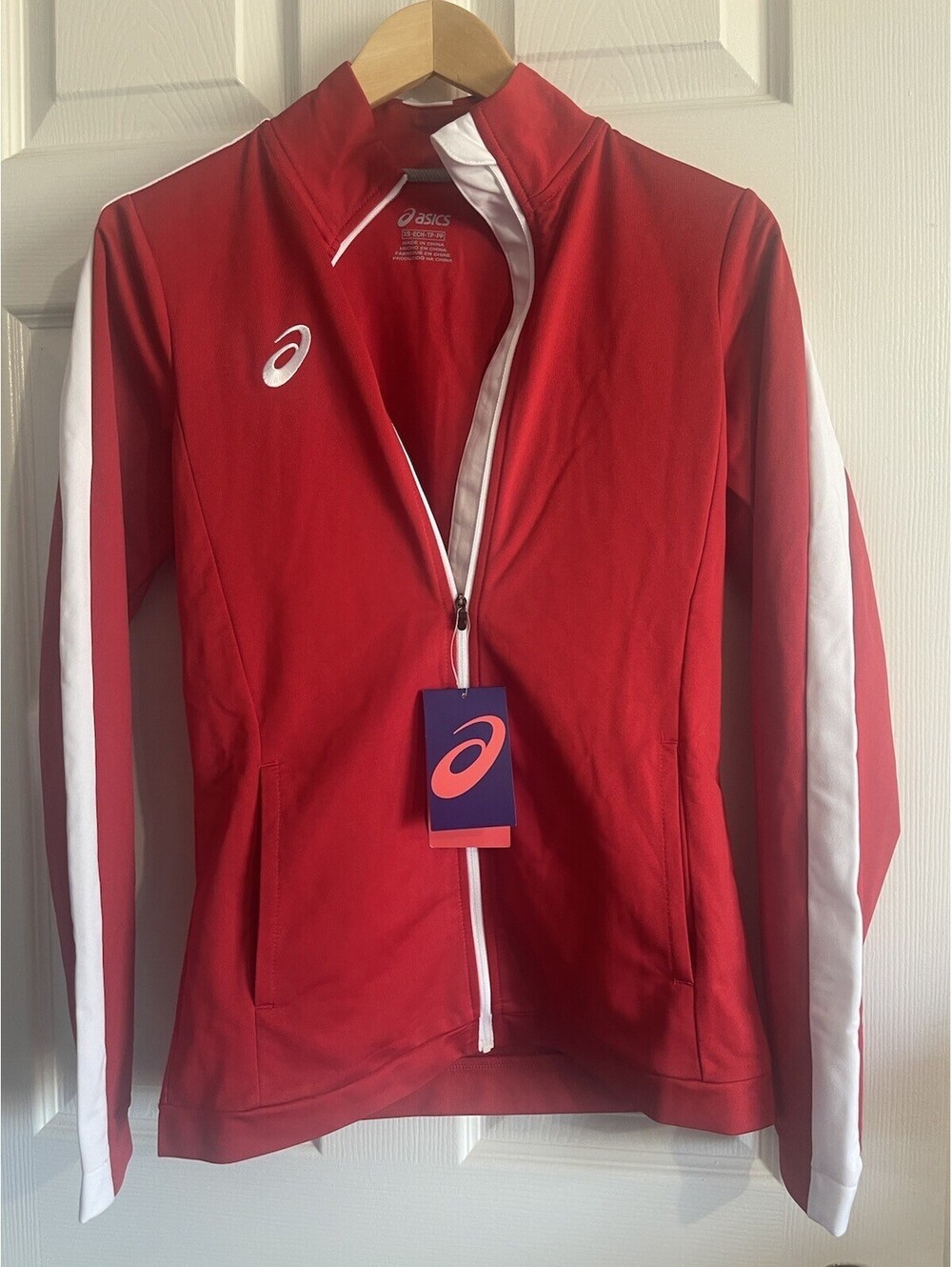 Asics Full Zip Jacket Tricot Warm Up Red Women's Sz XS White Logo  Pockets NEW